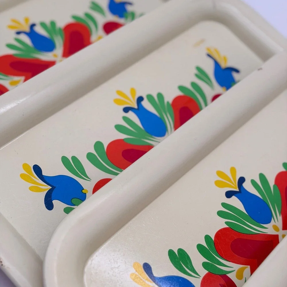 Vintage Scandinavian Folk Art Metal Trays Set of 4 Hearts Tulips Rosemaling MCM